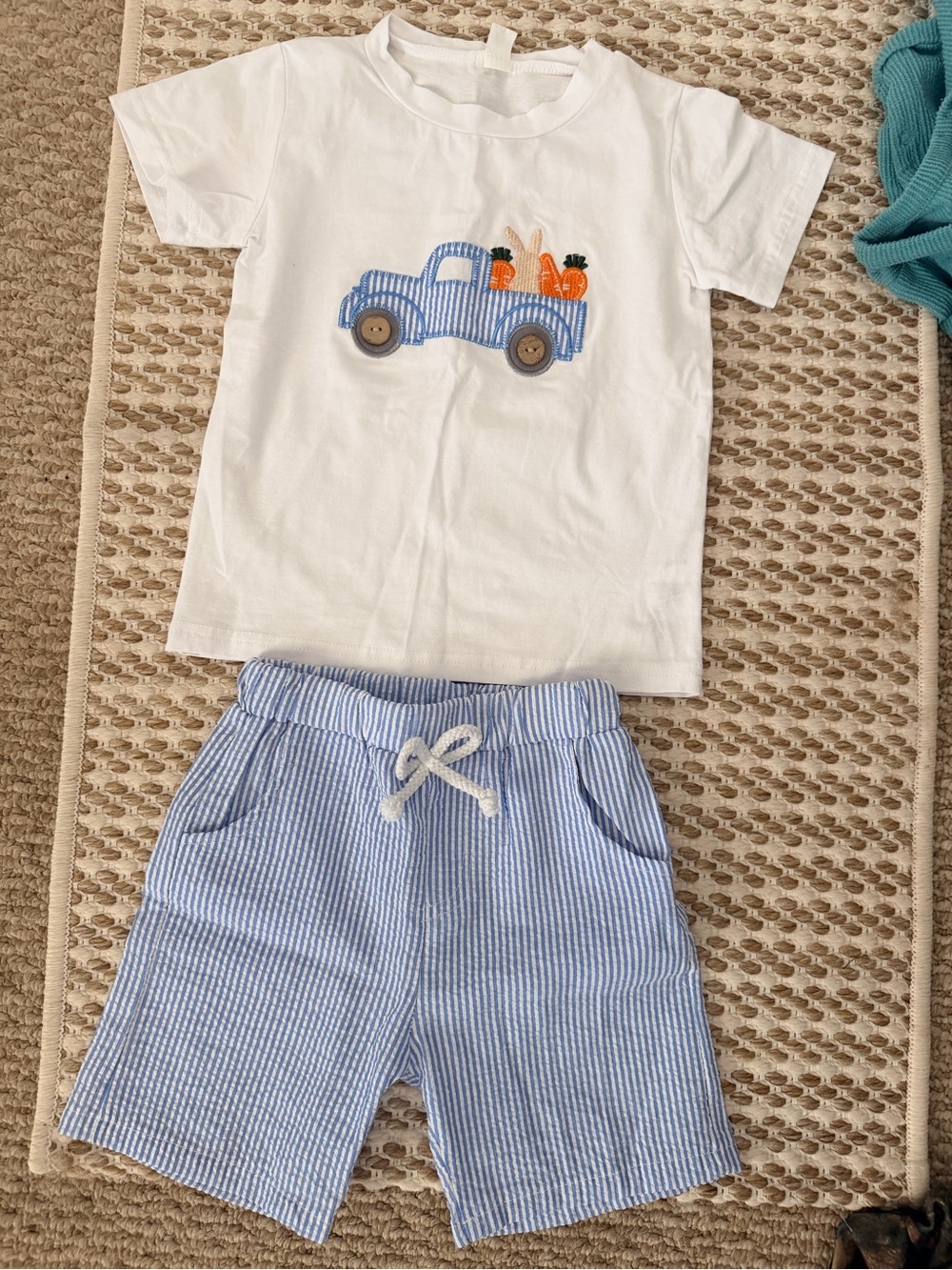 Amazon Kids White Tee and Blue Striped Shorts Matching Set